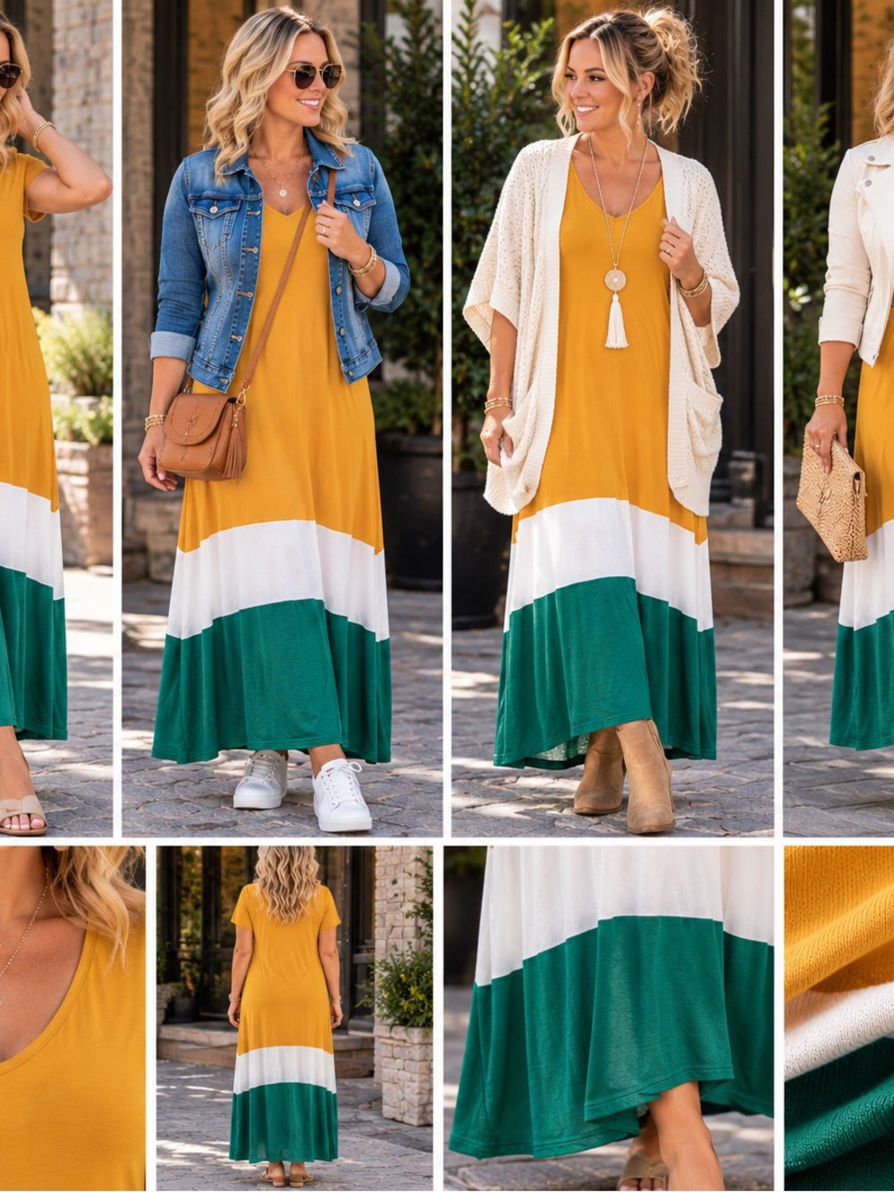 Source Unknown Mustard, White & Green Colorblock Maxi Dress